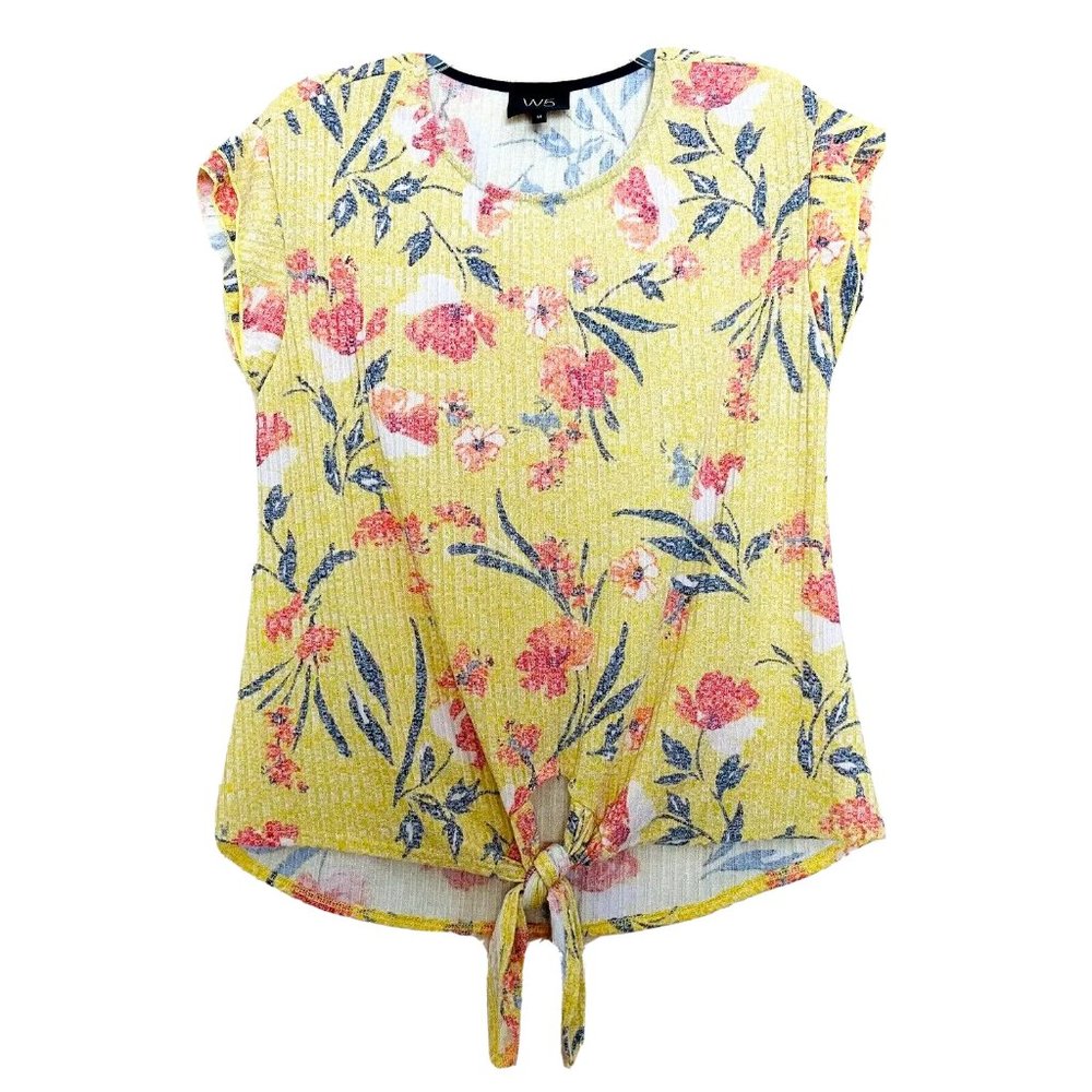 W5 Yellow Floral Tie Front Top Blouse Size Medium Cottagecore Vacation Beach